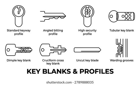 Key blanks and profile types illustration.  Shows various keyways, blanks, and uncut blades for locksmithing.