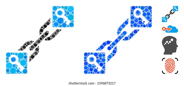 Key blockchain composition of small circles in different sizes and color tinges, based on key blockchain icon. Vector round dots are organized into blue composition.