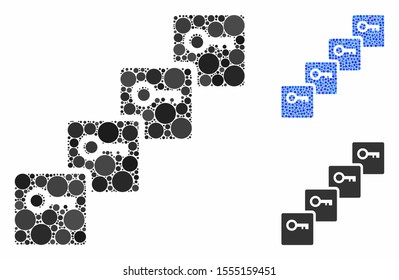 Key blockchain mosaic of filled circles in variable sizes and color tints, based on key blockchain icon. Vector filled circles are united into blue composition.