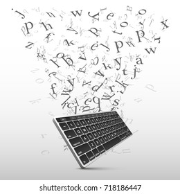 Key board with flying letters sign. Vector Illustration