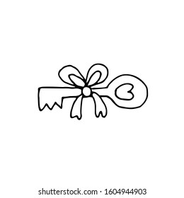 Key with a bow. Key from the heart. Hand drawn stock vector illustration. Doodle style isolated on white background. Use for greeting card and invitation elements, web design elements.
