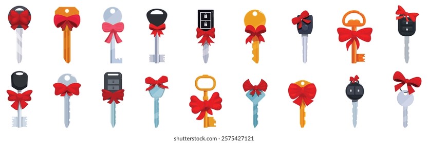 Key bow icons set. Various keys adorned with festive red bows symbolize gifts, new homes, vehicles, and opportunities, perfect for celebrating milestones