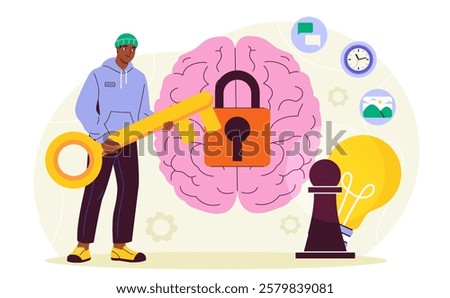 Key to brain. Man with golden key to mind. Mental and psychological health, intelligence. Inner peace and freedom. Creative decision and solution. Flat vector illustration
