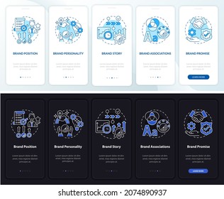 Key brand elements dark and light onboarding mobile app page screen. Business walkthrough 5 steps graphic instructions with concepts. UI, UX, GUI vector template with night and day mode illustrations