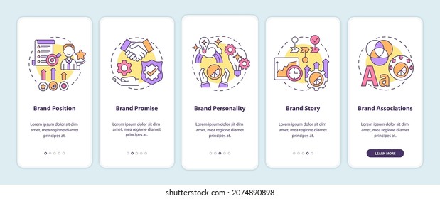 Elementos de marca clave a bordo de la pantalla de la aplicación móvil. Recorrido de valor comercial 5 pasos de instrucciones gráficas con conceptos. UI, UX, plantilla de vector GUI con ilustraciones de color lineales