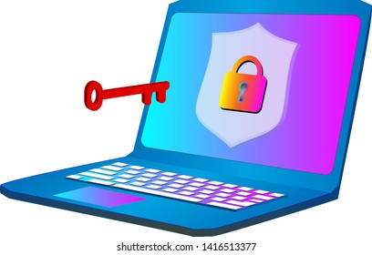 The key breaks into computer. Isometric 3d vector illustrations