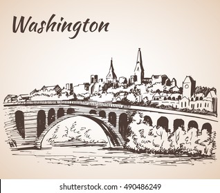 Key Bridge Potomac River Washington DC from Roosevelt Island. Isolated on white background