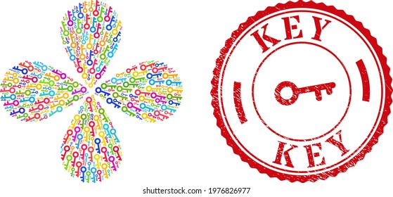 Key bright curl flower with 4 petals, and red round KEY rubber stamp imitation. Key symbol inside round stamp. Element flower done from scattered key symbols. Vector flower collage in flat style.