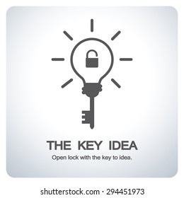 Key bulb to new idea. Open lock with the key to idea. Icon symbol logo design. Vector illustration.