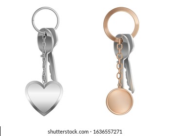 Key Bunch With Keychain On Metal Ring Isolated On White Background. Vector Realistic Mockup Of Round And Heart Shaped Trinkets, Clef Holders With Steel Pendants