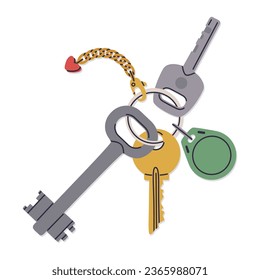 Key bunch. Modern real estate property entrance keys, door keys with keychain and plastic tag flat vector illustration. House or apartment keys