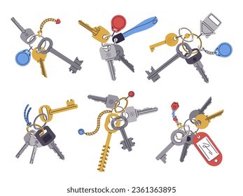 Key bunches. House or apartment door keys with keyring. Real estate property entrance keys with keychain and plastic tag flat vector illustration set. Door key bunch collection