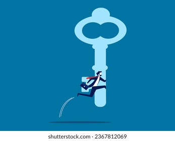key to business. businessman runs into a keyhole door in the wall