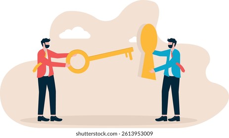 Key business concept. Solve business problems for success. Golden key to unlock.

