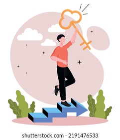 Key to business. Man climbs stairs, metaphor for successful businessman or entrepreneur. Goal setting, planning and motivation, leadership. Innovations and start up. Cartoon flat vector illustration