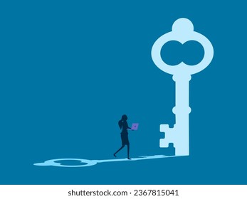 key to business opportunity. woman looks at a keyhole door on the wall. vector