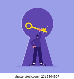 Key to business success concept, businessman leader with a key in a keyhole, setting and achieving goals, successful entrepreneur