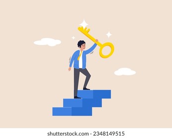 Key to business success concept. Stairway to find secret key or achieve career target, businessman winner walk up to top of stairway lifting golden success key to the sky.