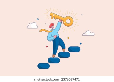 Key to business success concept. Stairway to find secret key or achieve career target, businessman winner walk up to top of stairway lifting golden success key to the sky.
