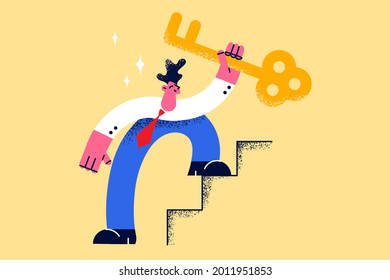 Key To Business Success, Development, Career Concept. Positive Young Confident Businessman Cartoon Character Winner Walking Up To Top Of Stairway With Golden Success Key