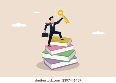 Key to business success, finding secret keys or achieving career targets, concept of intelligent entrepreneur getting the key to success after reading knowledge books.