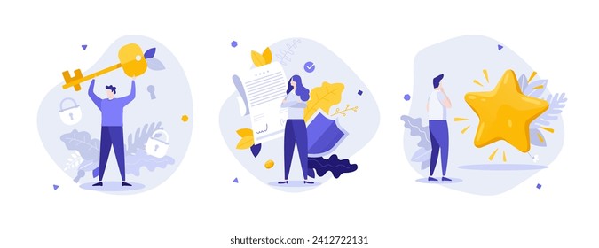 Key to business success flat concept vector illustrations set. Unlock opportunity of profitable deal cartoon composition. Reward for entrepreneur hard work creative idea for website, presentation