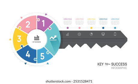 Negócio chave para o sucesso Modelo de diagrama de infográfico.5 passos anel, marketing e negócios de inicialização, infográficos vetoriais.