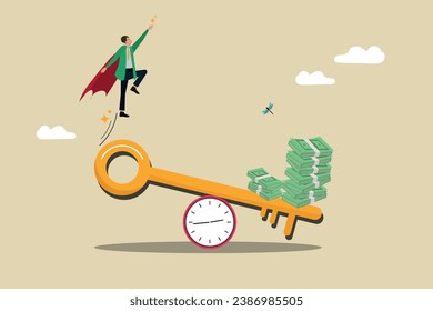 Key to business success, make money,  stairway to find secret key or achieve career target concept, Businessman flying in the air while jumping from the seesaw