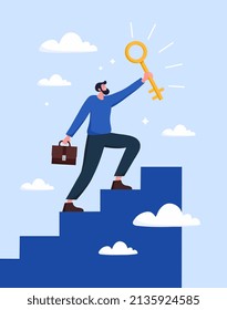 Key to business success. Man with briefcase climbs stairs. Motivation poster, setting and achieving goals, successful entrepreneur. Company development concept. Cartoon flat vector illustration