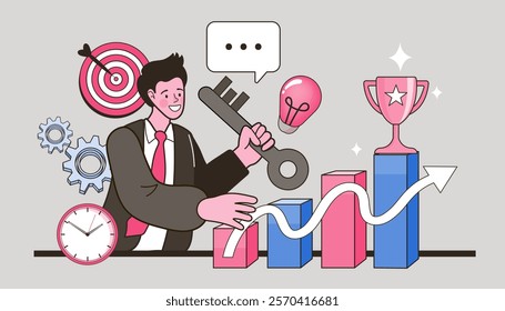 Key to business success. secret key or achieve career target concept. businessman winner. Man lifting success key. find a solution or security. vector illustration.