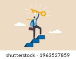 Key to business success, stairway to find secret key or achieve career target concept, businessman winner walk up to top of stairway lifting golden success key to the sky.