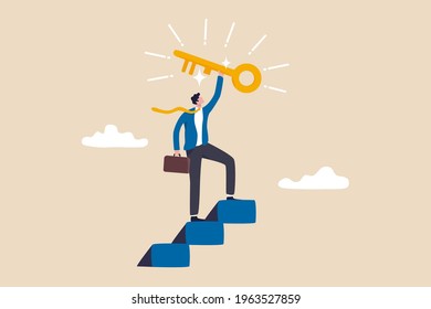 Key to business success, stairway to find secret key or achieve career target concept, businessman winner walk up to top of stairway lifting golden success key to the sky.