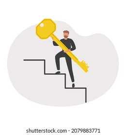 Key to business success, stairway to find secret key or achieve career target concept, businessman winner walk up to top of stairway lifting golden success key to the sky.