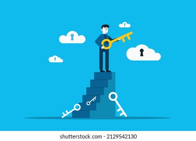 Key to business success, stairway to find secret key or achieve career target concept. businessman winner walk up to top of stairway lifting golden success key to the sky.