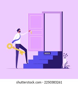 Key to business success, stairway to find secret key or achieve career target concept. Businessman carry huge gold key to unlock door, competition, challenge for leadership, vector illustration