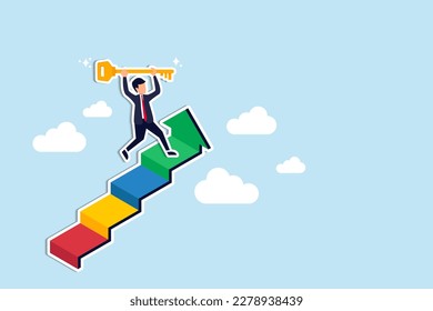 Key to business success, stairway to find secret key or achieve career target concept, businessman winner walk up to top of stairway lifting golden success key to the sky. Paper Cut Style