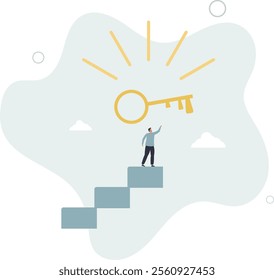 Key to business success, stairway to find secret key or achieve career target concept.flat characters.