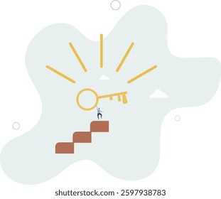 Key to business success, stairway to find secret key or achieve career target concept.flat character life .