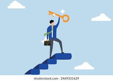 Key to business success,winning businessman walks to top of stairs, raising golden success key to sky.