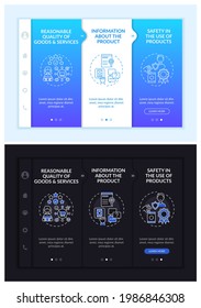 Key buyer rights onboarding vector template. Responsive mobile website with icons. Web page walkthrough 3 step screens. Right for safety, choice night and day mode concept with linear illustrations