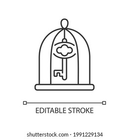 Key in cage linear icon. Gain access. Solve difficult situation. Solving puzzles. Thin line customizable illustration. Contour symbol. Vector isolated outline drawing. Editable stroke