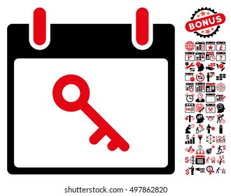 Key Calendar Day icon with bonus calendar and time management pictograph collection. Vector illustration style is flat iconic symbols, intensive red and black, white background.