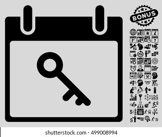 Key Calendar Day icon with bonus calendar and time management images. Vector illustration style is flat iconic symbols, black, light gray background.