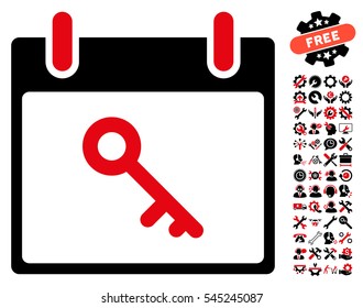 Key Calendar Day pictograph with bonus service symbols. Vector illustration style is flat iconic symbols, intensive red and black, white background.