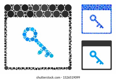 Key calendar page composition for key calendar page icon of filled circles in various sizes and color hues. Vector filled circles are organized into blue illustration.