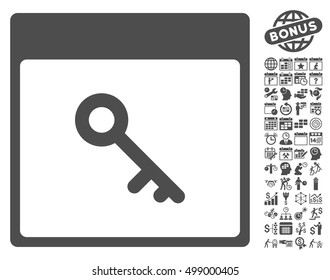 Key Calendar Page icon with bonus calendar and time management clip art. Vector illustration style is flat iconic symbols, gray, white background.