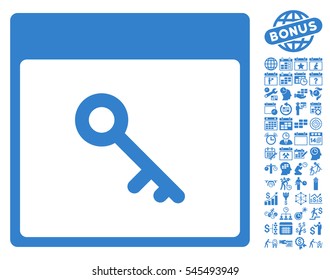 Key Calendar Page icon with bonus calendar and time management pictograph collection. Vector illustration style is flat iconic symbols, cobalt, white background.
