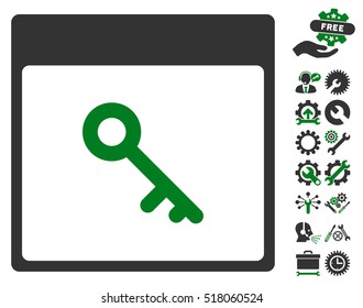 Key Calendar Page pictograph with bonus service icon set. Vector illustration style is flat iconic symbols, green and gray, white background.