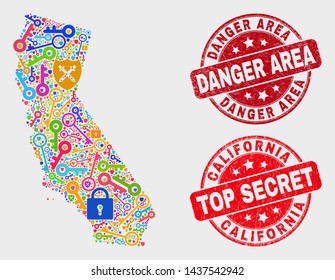 Key California State map and watermarks. Red round Top Secret and Danger Area textured watermarks. Bright California State map mosaic of different guard items. Vector collage for guard purposes.