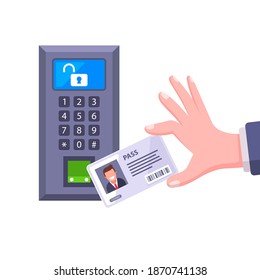 the key card is brought to the sensor to open the door. flat vector illustration isolated on white background.